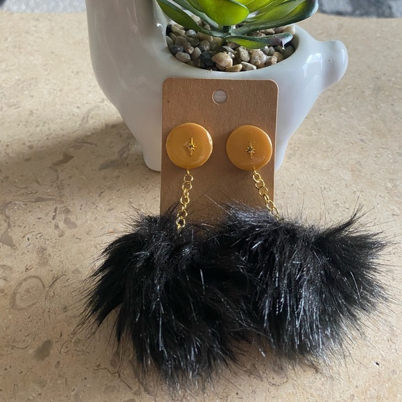 Handmade Black and Gold Faux Fur Retro PomPom Earrings - Picture 3 of 3